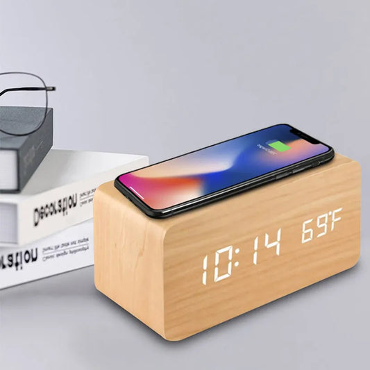 Wooden Digital Clock with Wireless Charging